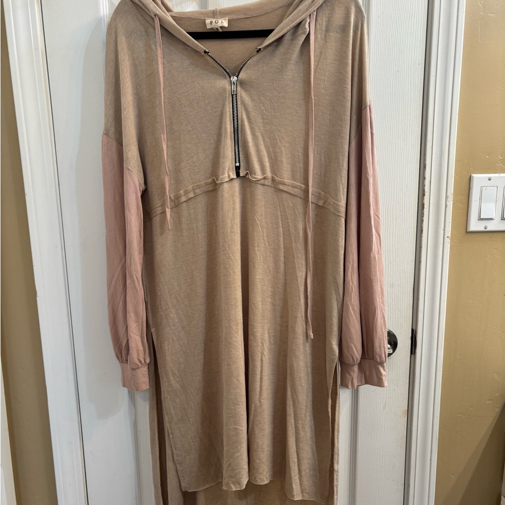 POL Tan & Pink Hooded Dress with Zipper